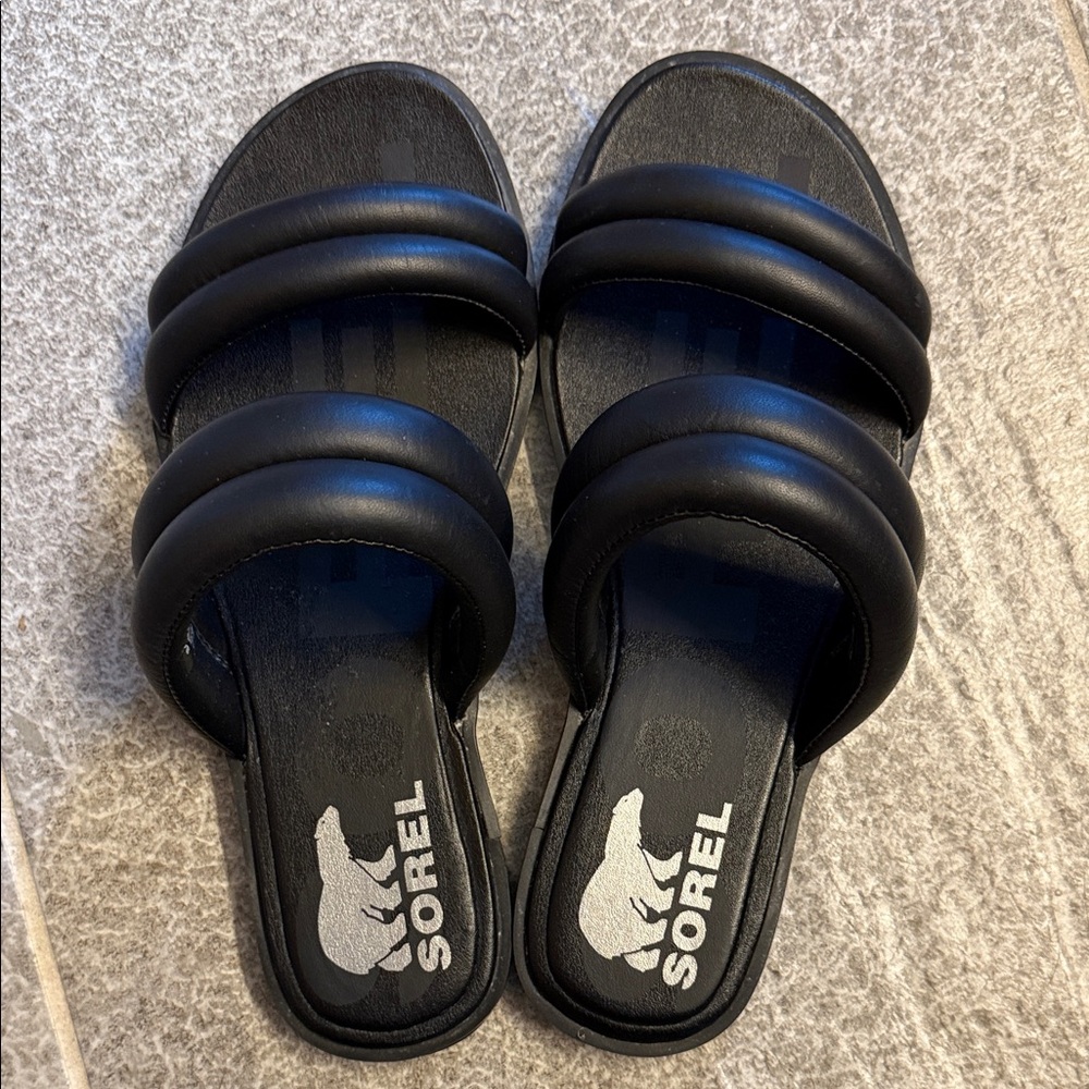 Sorel Ella II Puff Slide Sandals in Black, Size 6.5